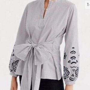 J Crew Preppy Embroidered Sleeves waist bow tie striped Poplin Shirt blouse Sz S